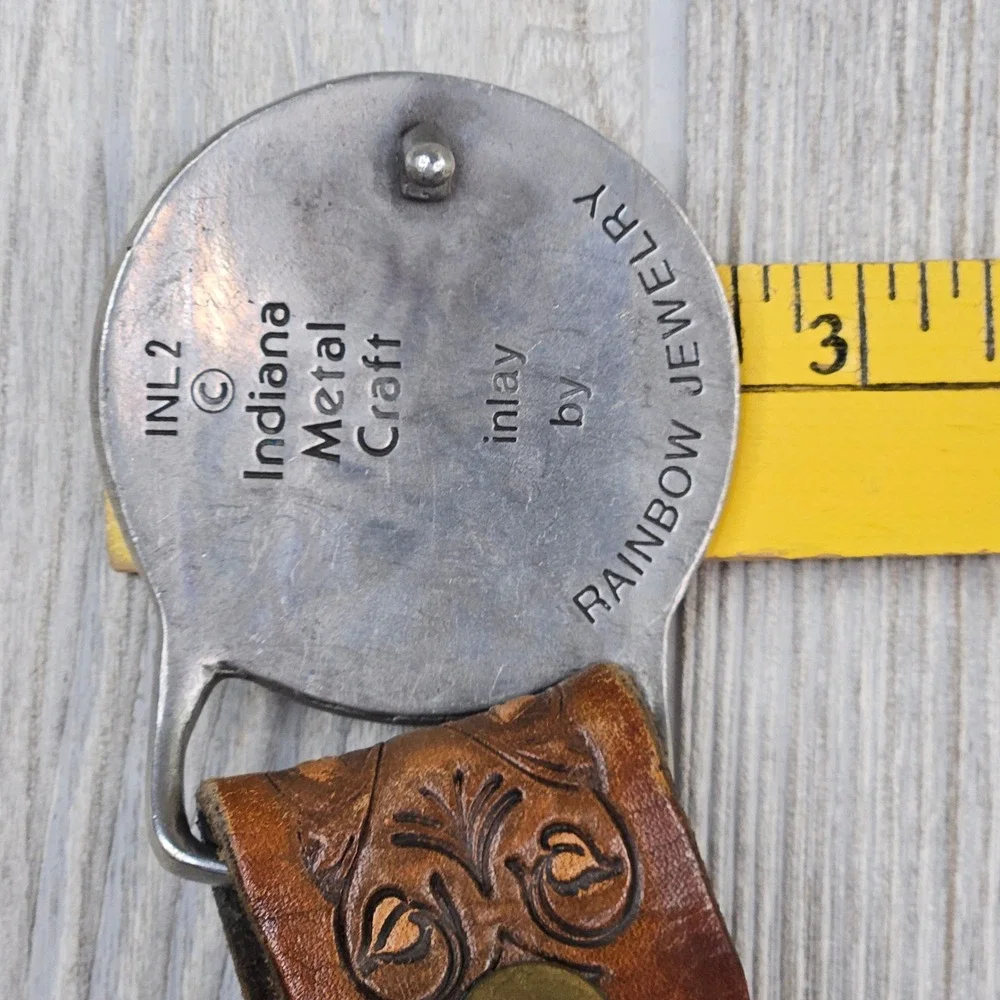 Indiana Metal Craft R J RobertsRainbow Jewelry Turquoise Inlay Buckle 1970s